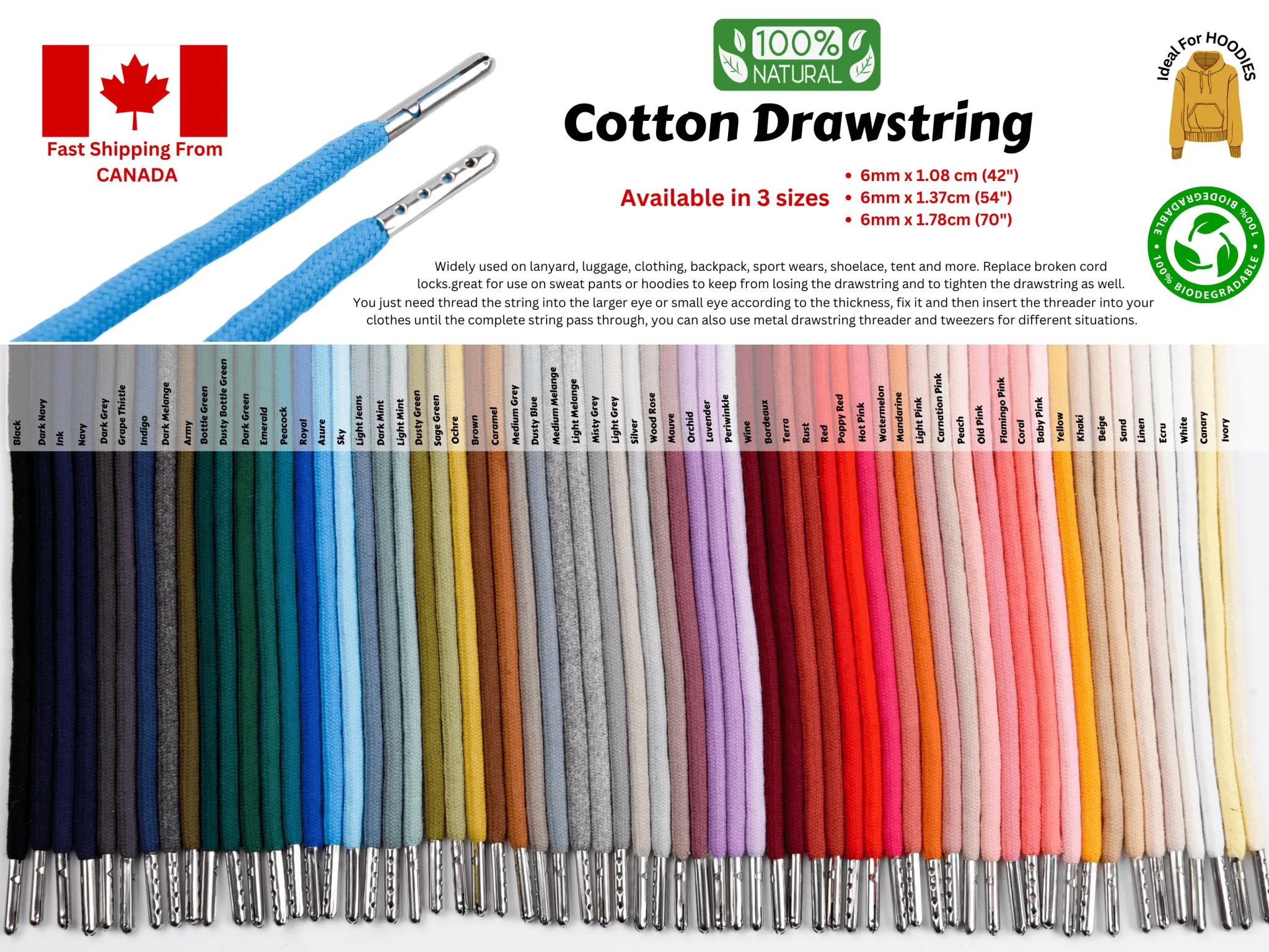 6mm 100% Cotton Drawstring With light weight Metal
