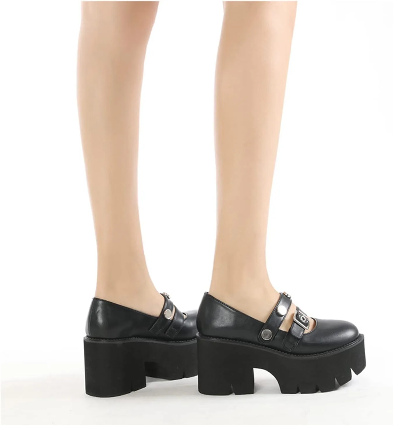 bbruriy Womens Marry Jane Platform Shoes Round Toe Chunky Heel Uniform Dress Pumps Lolita Shoes with Double Wide Ankle Strap and Belt Buckle Decoration