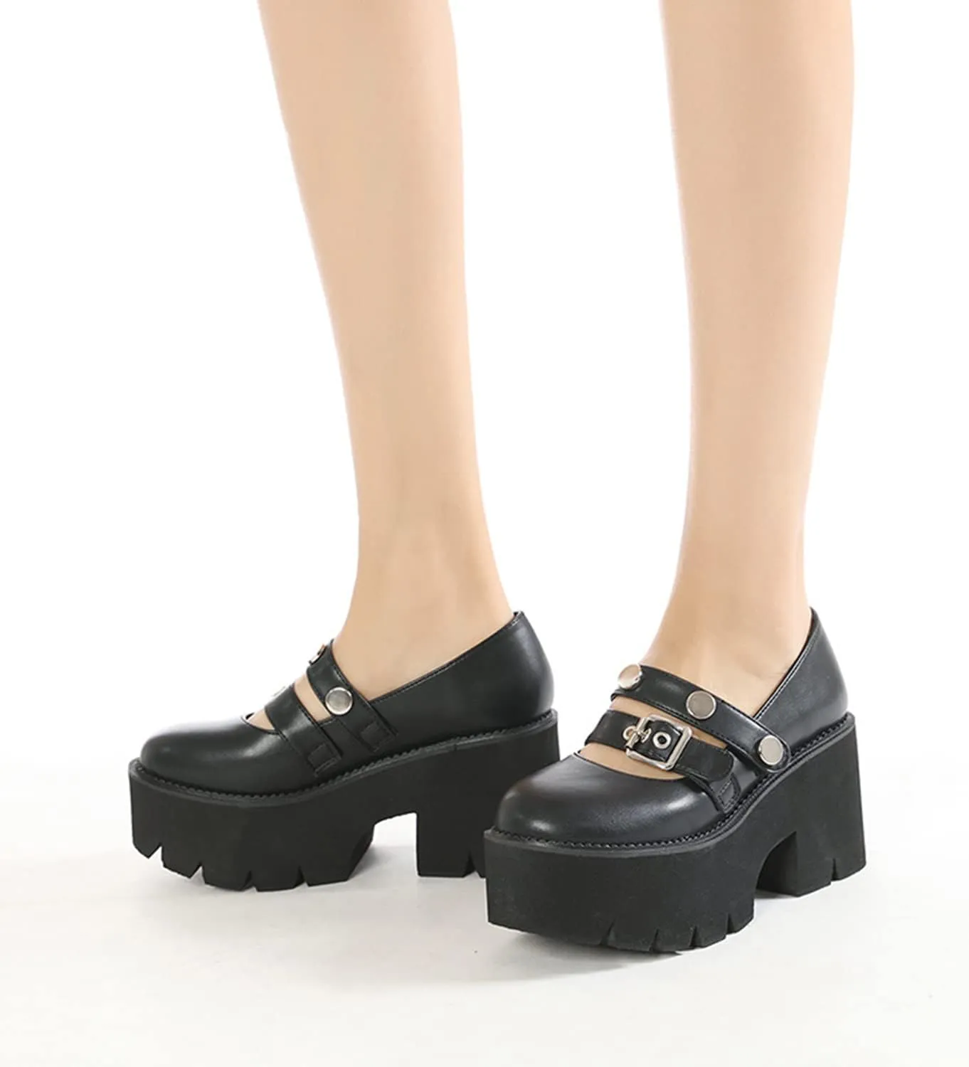 bbruriy Womens Marry Jane Platform Shoes Round Toe Chunky Heel Uniform Dress Pumps Lolita Shoes with Double Wide Ankle Strap and Belt Buckle Decoration