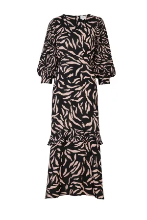 Black with Pale Peach Zebra Frill Midi Dress
