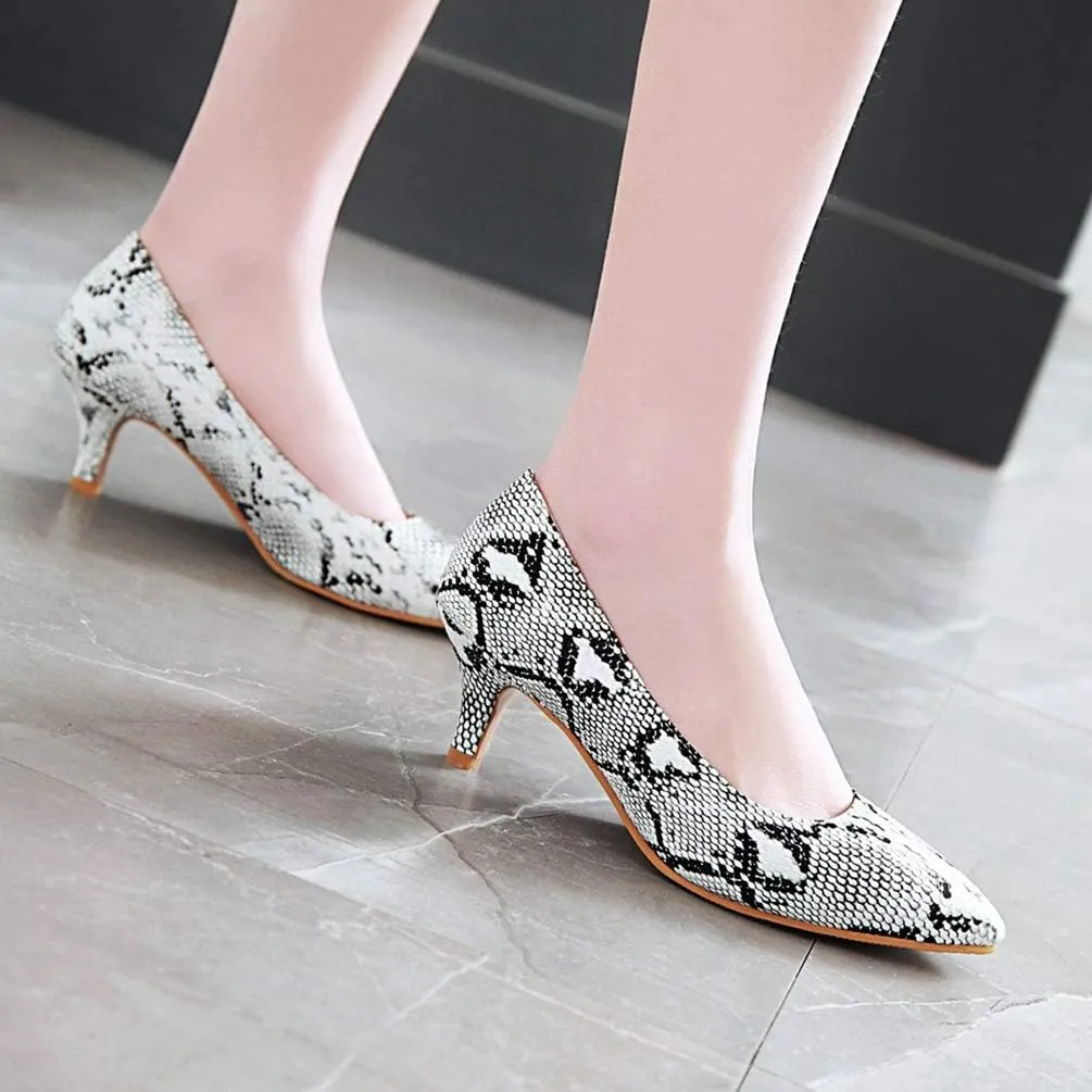 Caradise Womens Low Kitten Heel Snakeskin Pumps Closed Pointed Toe Dress Shoes