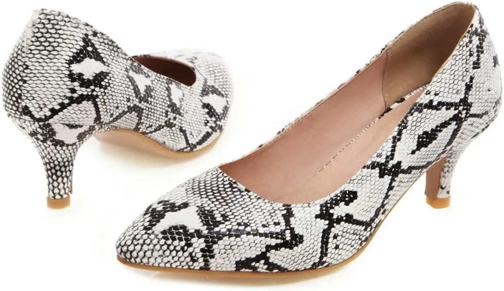 Caradise Womens Low Kitten Heel Snakeskin Pumps Closed Pointed Toe Dress Shoes