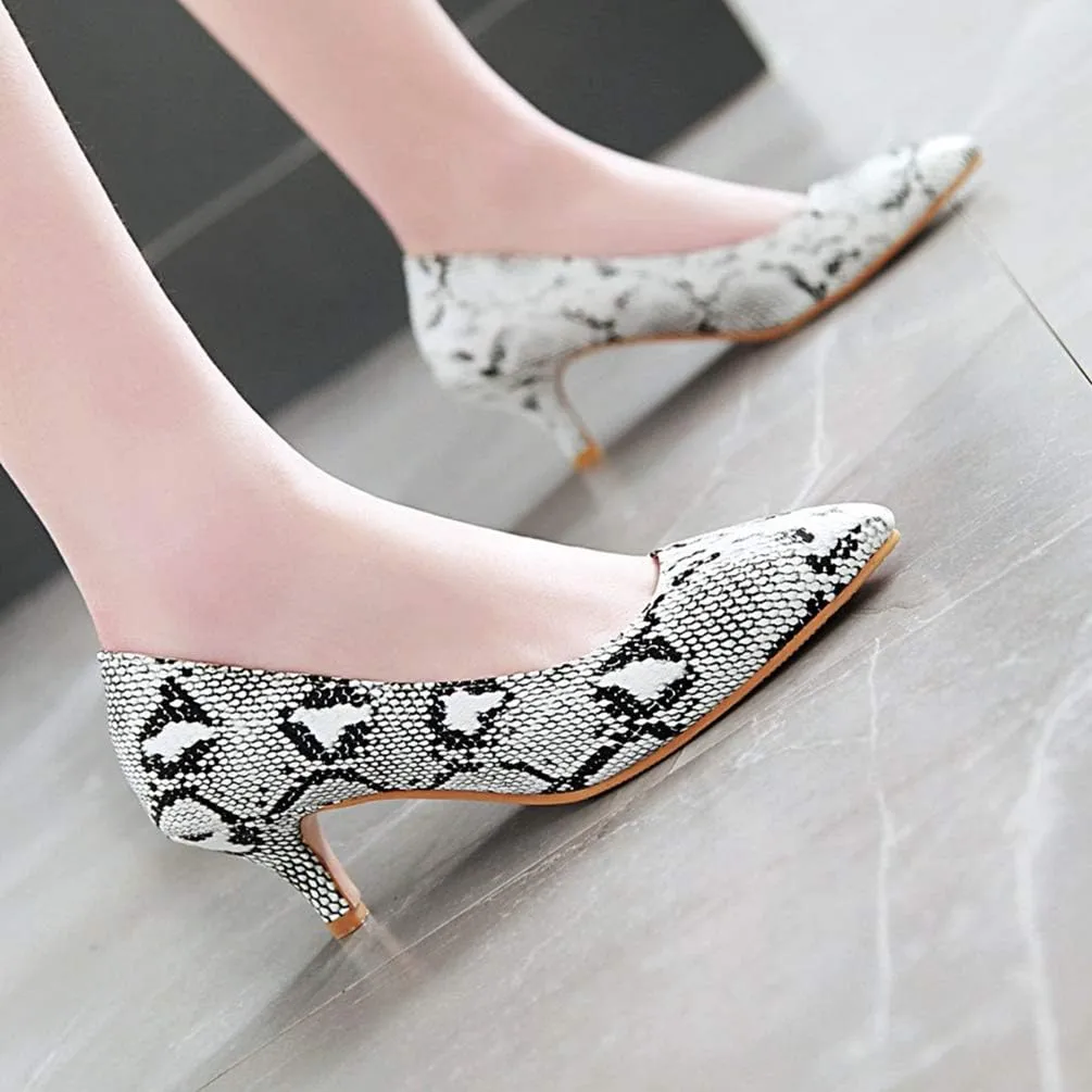 Caradise Womens Low Kitten Heel Snakeskin Pumps Closed Pointed Toe Dress Shoes