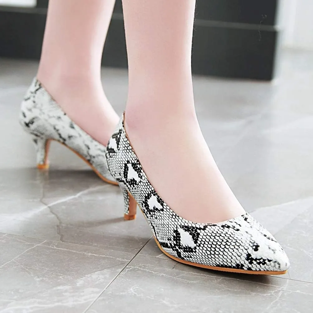 Caradise Womens Low Kitten Heel Snakeskin Pumps Closed Pointed Toe Dress Shoes