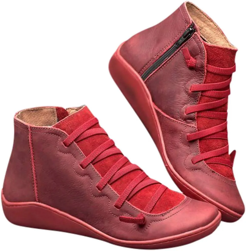 Cathalem Ankle Boots for Women Arch Support Fashion Lace up Side Zip Vintage Booties Flat Heel Leather Damping Shoes
