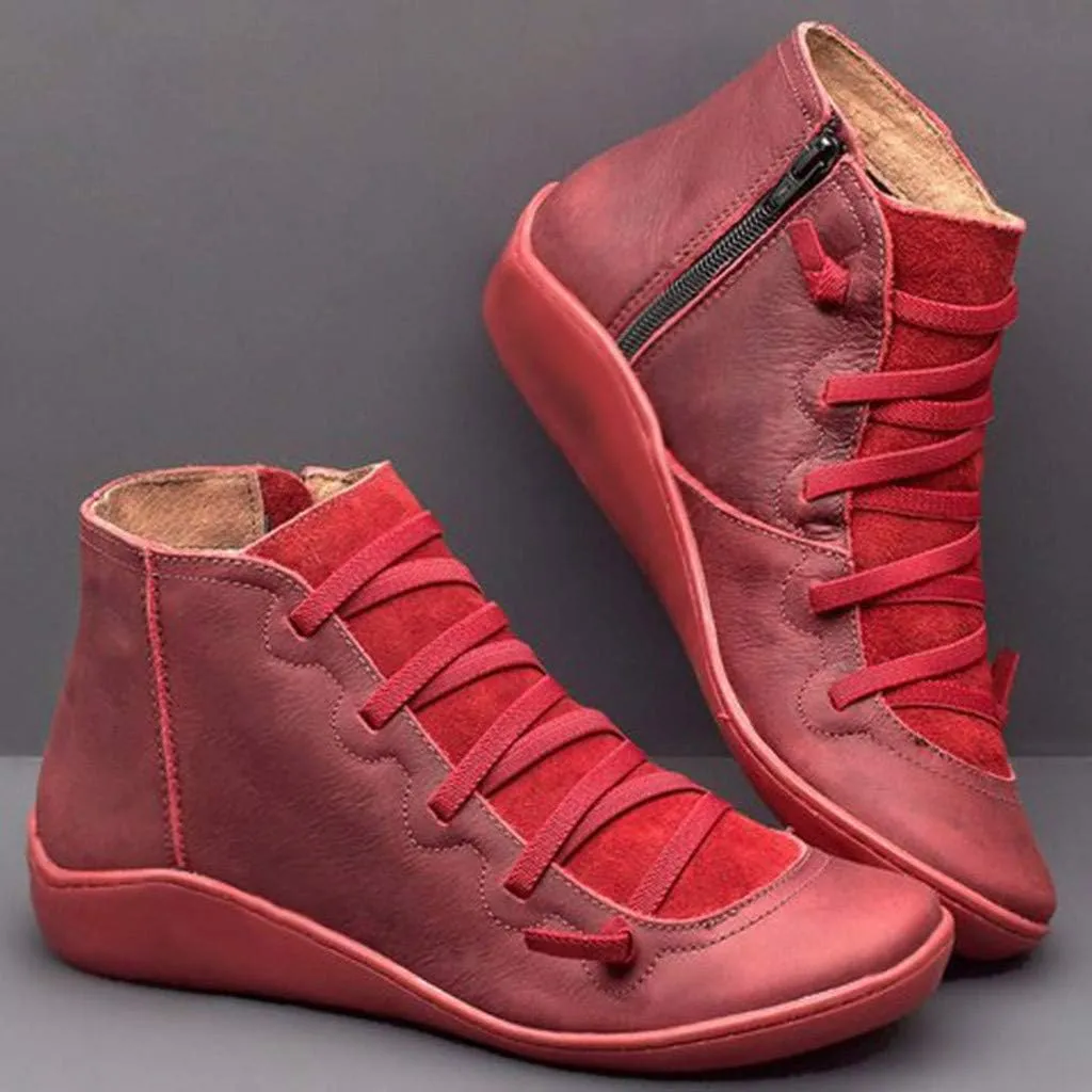 Cathalem Ankle Boots for Women Arch Support Fashion Lace up Side Zip Vintage Booties Flat Heel Leather Damping Shoes