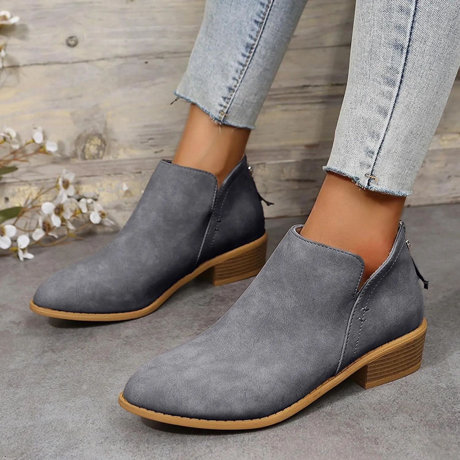 Cathalem Ankle Boots for Women Wide Calf Comfy V-Cutout Side Zip Low Heel Ankle BootiesVintage Leather Hiking Shoes