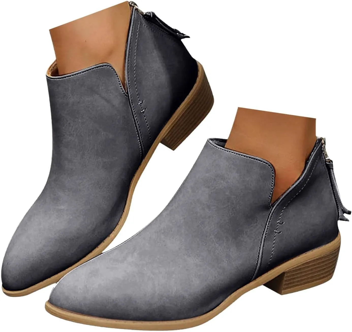Cathalem Ankle Boots for Women Wide Calf Comfy V-Cutout Side Zip Low Heel Ankle BootiesVintage Leather Hiking Shoes