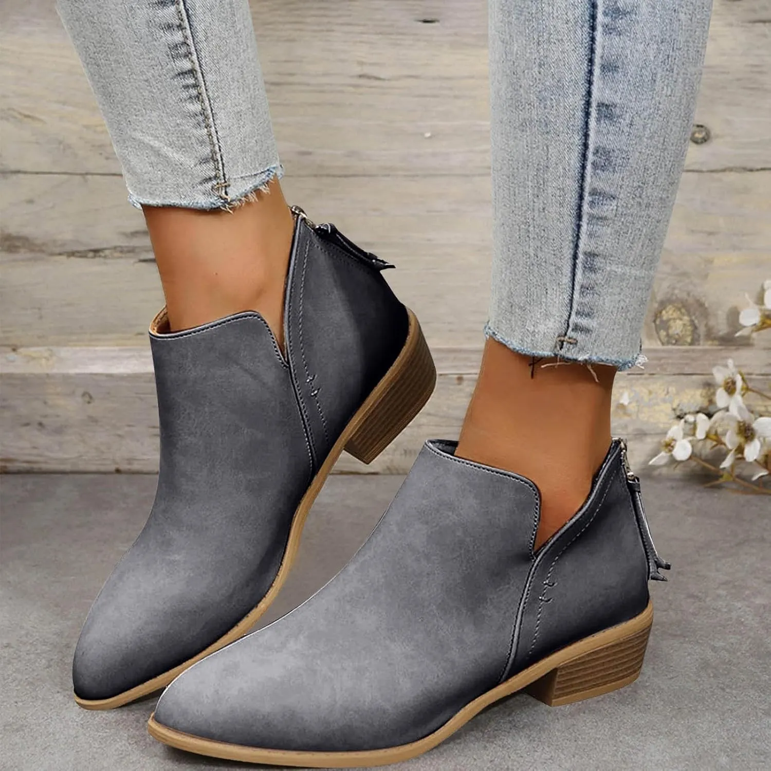 Cathalem Ankle Boots for Women Wide Calf Comfy V-Cutout Side Zip Low Heel Ankle BootiesVintage Leather Hiking Shoes
