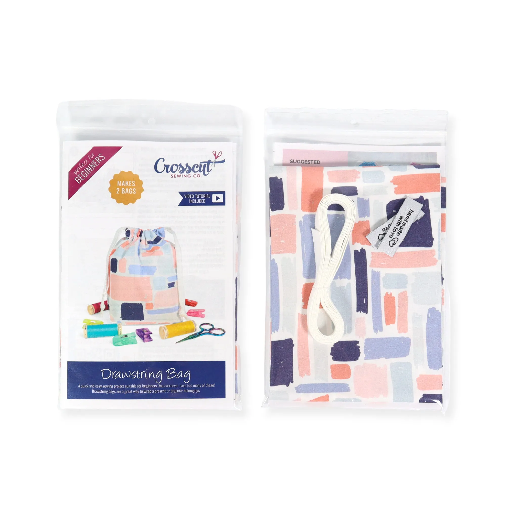 Drawstring Bag Sewing Kit - Abstract Blue Freehand - Makes 2 Bags
