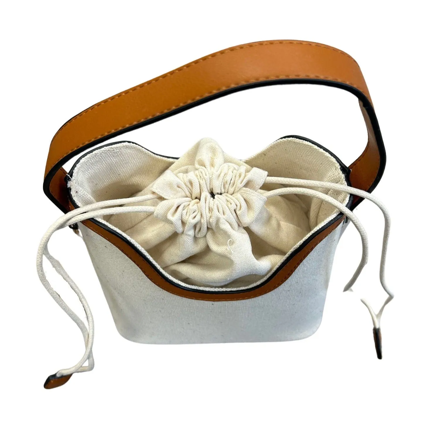 Drawstring Top Canvas & Camel Faux Leather Bag