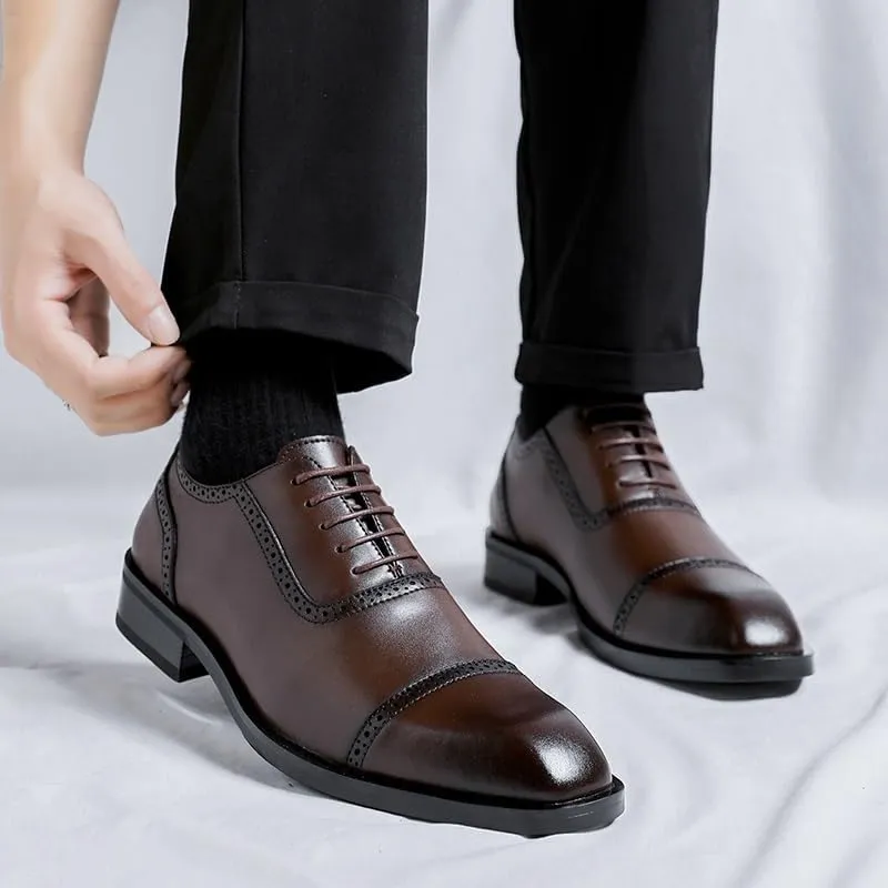Dress Oxford for Men Lace Up Plain Burnished Toe Brogue Vegan Leather Cap Toe Non Slip Resistant Block Heel Classic