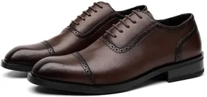 Dress Oxford for Men Lace Up Plain Burnished Toe Brogue Vegan Leather Cap Toe Non Slip Resistant Block Heel Classic