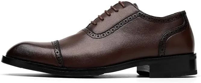 Dress Oxford for Men Lace Up Plain Burnished Toe Brogue Vegan Leather Cap Toe Non Slip Resistant Block Heel Classic