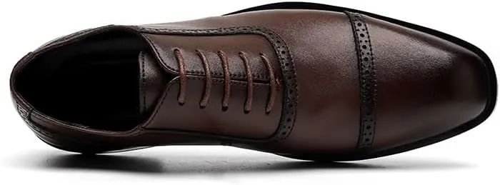 Dress Oxford for Men Lace Up Plain Burnished Toe Brogue Vegan Leather Cap Toe Non Slip Resistant Block Heel Classic