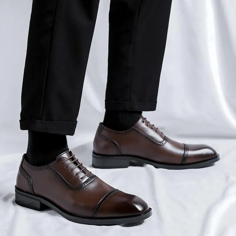 Dress Oxford for Men Lace Up Plain Burnished Toe Brogue Vegan Leather Cap Toe Non Slip Resistant Block Heel Classic