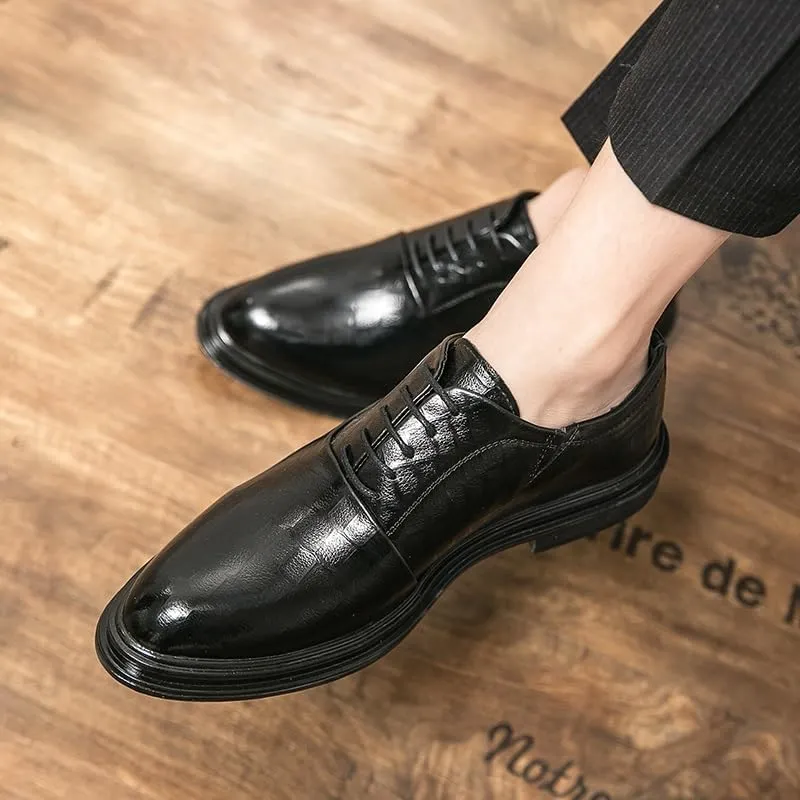 Dress Oxford for Men Lace Up Round Burnished Toe Plaid Vegan Leather Block Heel Low Top Slip Resistant Rubber Sole Non Slip Prom