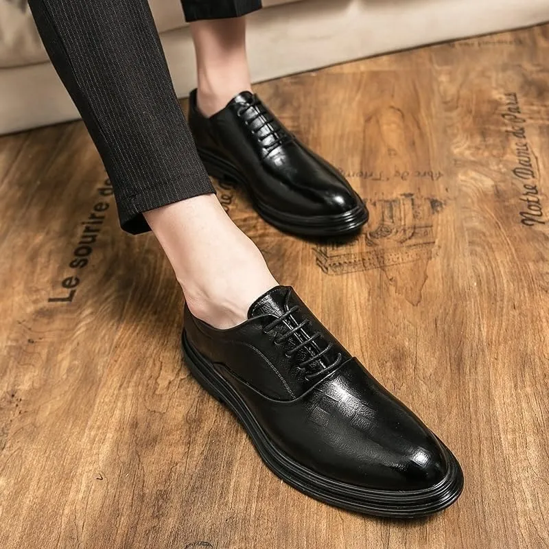 Dress Oxford for Men Lace Up Round Burnished Toe Plaid Vegan Leather Block Heel Low Top Slip Resistant Rubber Sole Non Slip Prom