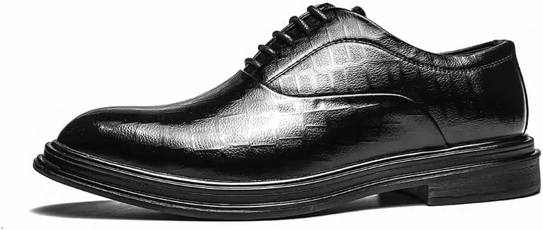 Dress Oxford for Men Lace Up Round Burnished Toe Plaid Vegan Leather Block Heel Low Top Slip Resistant Rubber Sole Non Slip Prom