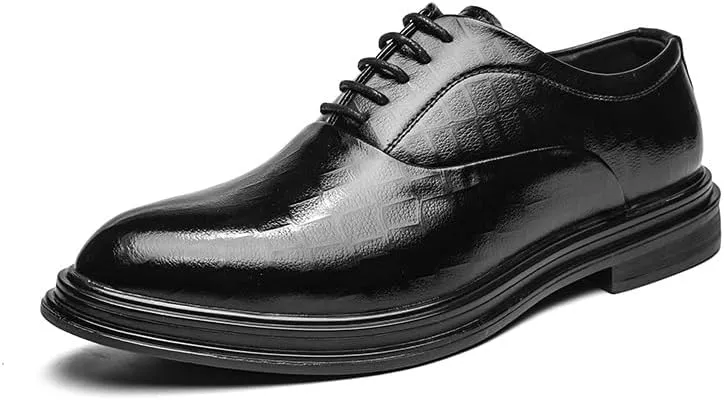 Dress Oxford for Men Lace Up Round Burnished Toe Plaid Vegan Leather Block Heel Low Top Slip Resistant Rubber Sole Non Slip Prom