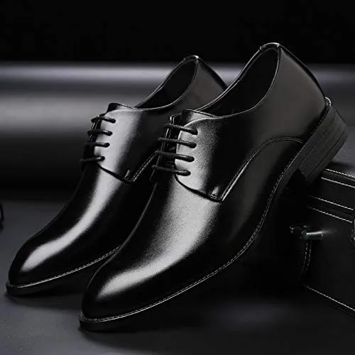 Dress Oxford Shoes for Men Lace Up Pointed Burnished Toe Vegan Leather Derby Shoes Anti-Slip Rubber Sole Slip Resistant Block Heel Low Top Wedding