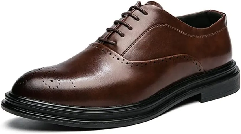 Dress Shoes for Men Lace Up Round Burnished Toe Vegan Leather Non Slip Low Top Block Heel Prom