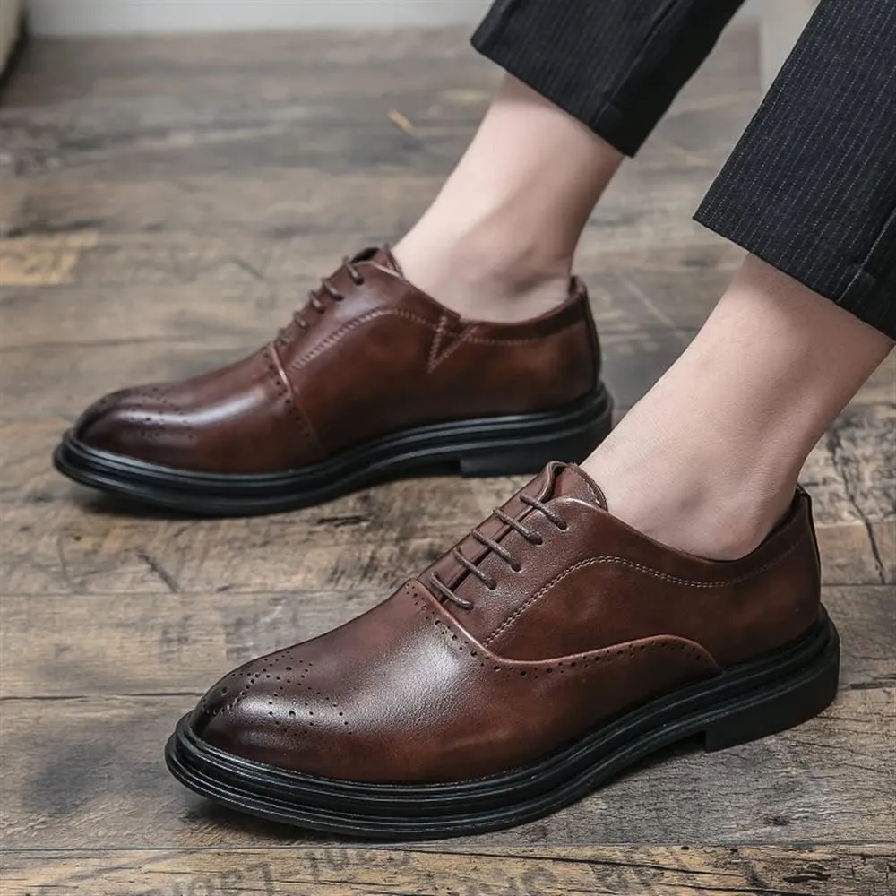 Dress Shoes for Men Lace Up Round Burnished Toe Vegan Leather Non Slip Low Top Block Heel Prom