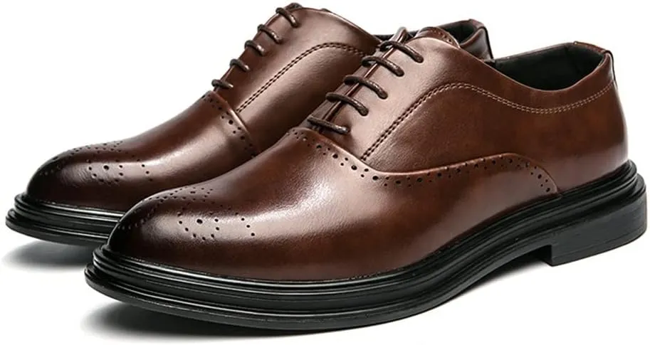 Dress Shoes for Men Lace Up Round Burnished Toe Vegan Leather Non Slip Low Top Block Heel Prom