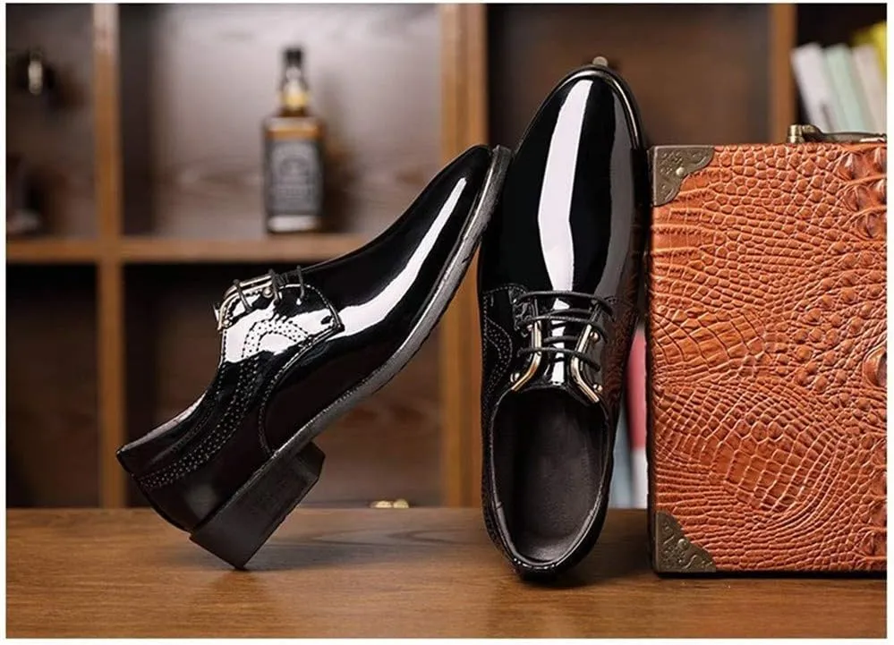 Dress Shoes for Men Lace Up Snip Toe Patent Leather Derby Shoes Vegan Leather Block Heel Slip Resistant Low Top Prom (Color : Black, Size : 9)