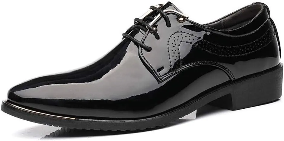Dress Shoes for Men Lace Up Snip Toe Patent Leather Derby Shoes Vegan Leather Block Heel Slip Resistant Low Top Prom (Color : Black, Size : 9)