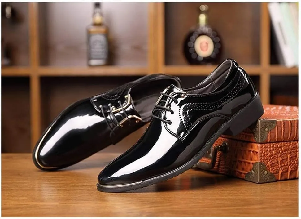 Dress Shoes for Men Lace Up Snip Toe Patent Leather Derby Shoes Vegan Leather Block Heel Slip Resistant Low Top Prom (Color : Black, Size : 9)