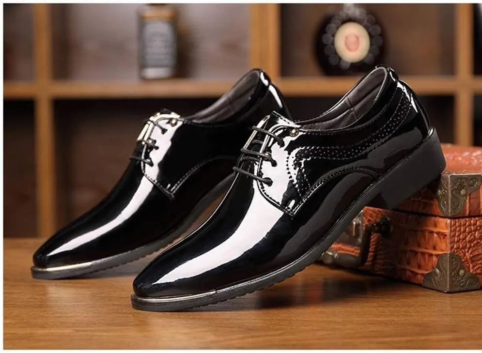 Dress Shoes for Men Lace Up Snip Toe Patent Leather Derby Shoes Vegan Leather Block Heel Slip Resistant Low Top Prom (Color : Black, Size : 9)