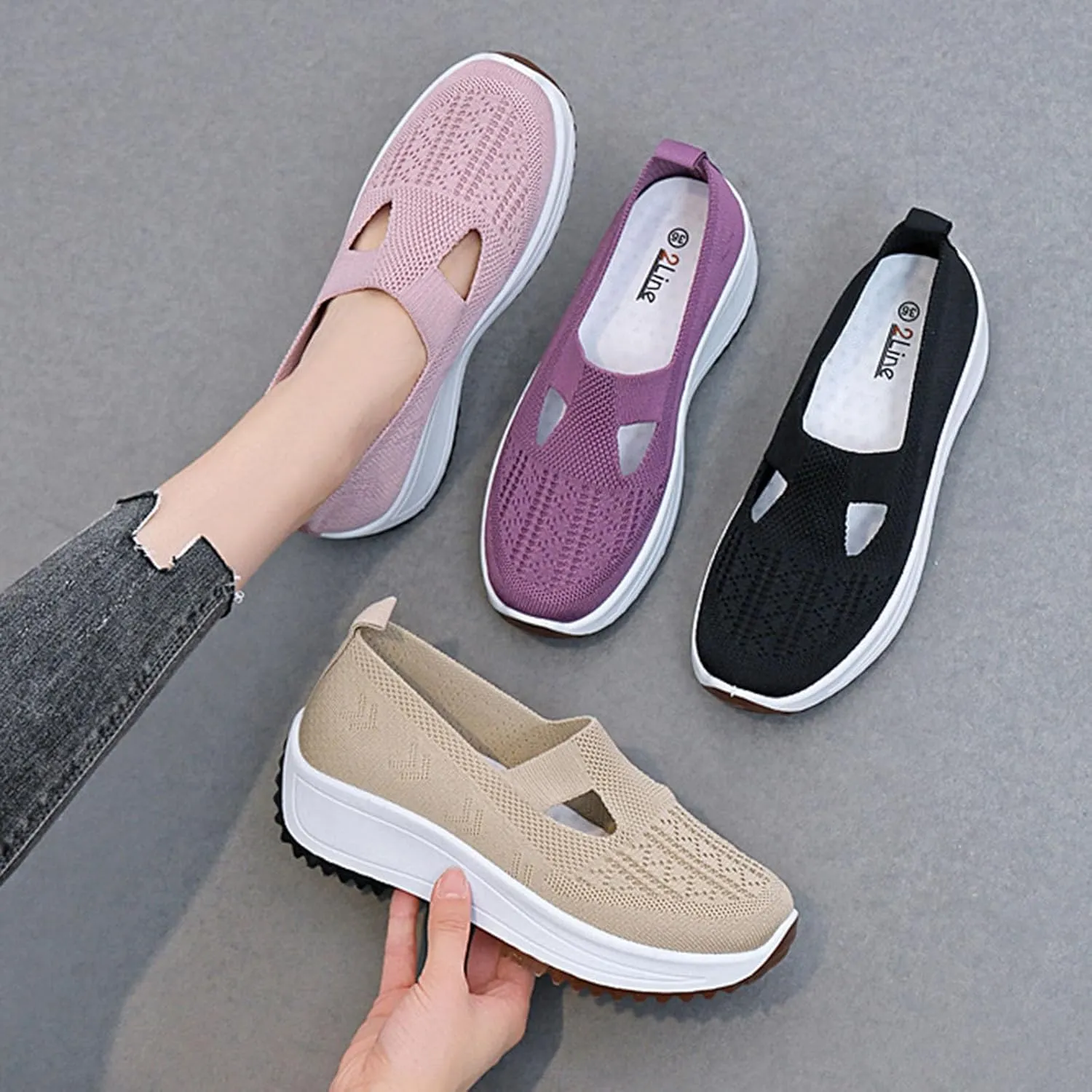 Fashion Summer Women Sports Shoes Flat Bottom Non Slip Mesh Hollow Upper Breathable Soft Slip On Low Top Platform Shoe