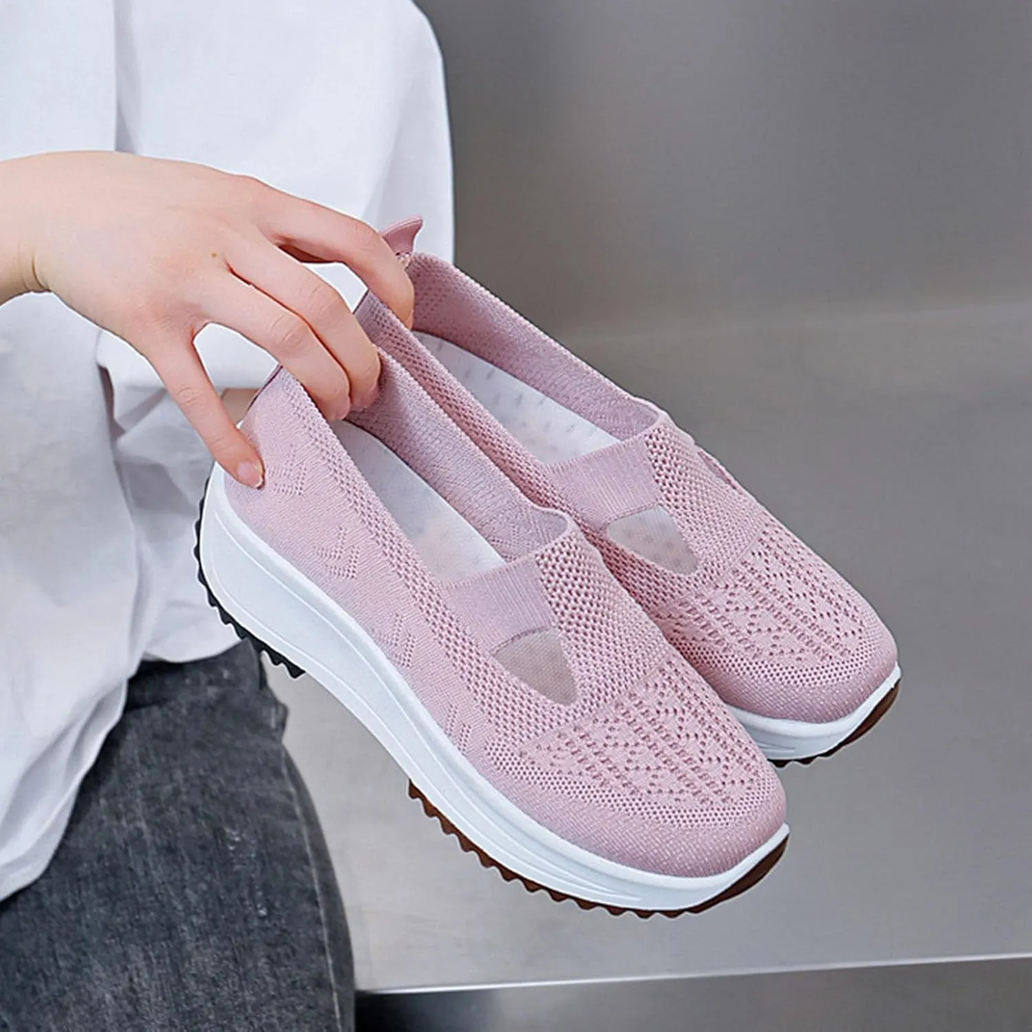 Fashion Summer Women Sports Shoes Flat Bottom Non Slip Mesh Hollow Upper Breathable Soft Slip On Low Top Platform Shoe