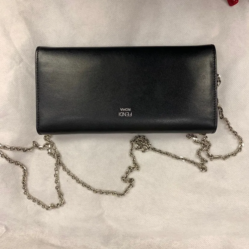 Fendi Monster Black Leather Chain Shoulder Bag Medium
