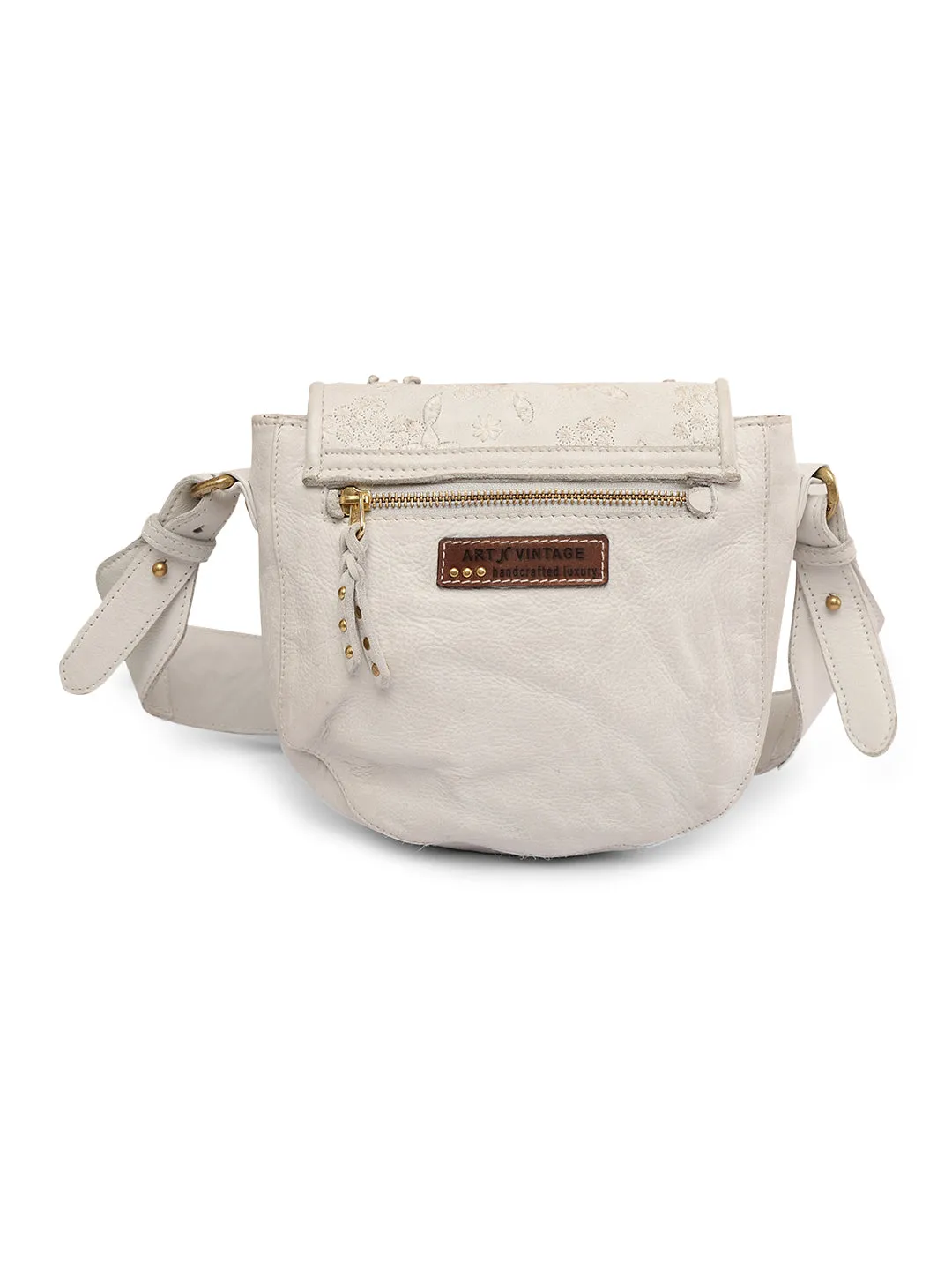 Floral Bliss: White Leather Crossbody bag with Flower Embroidery
