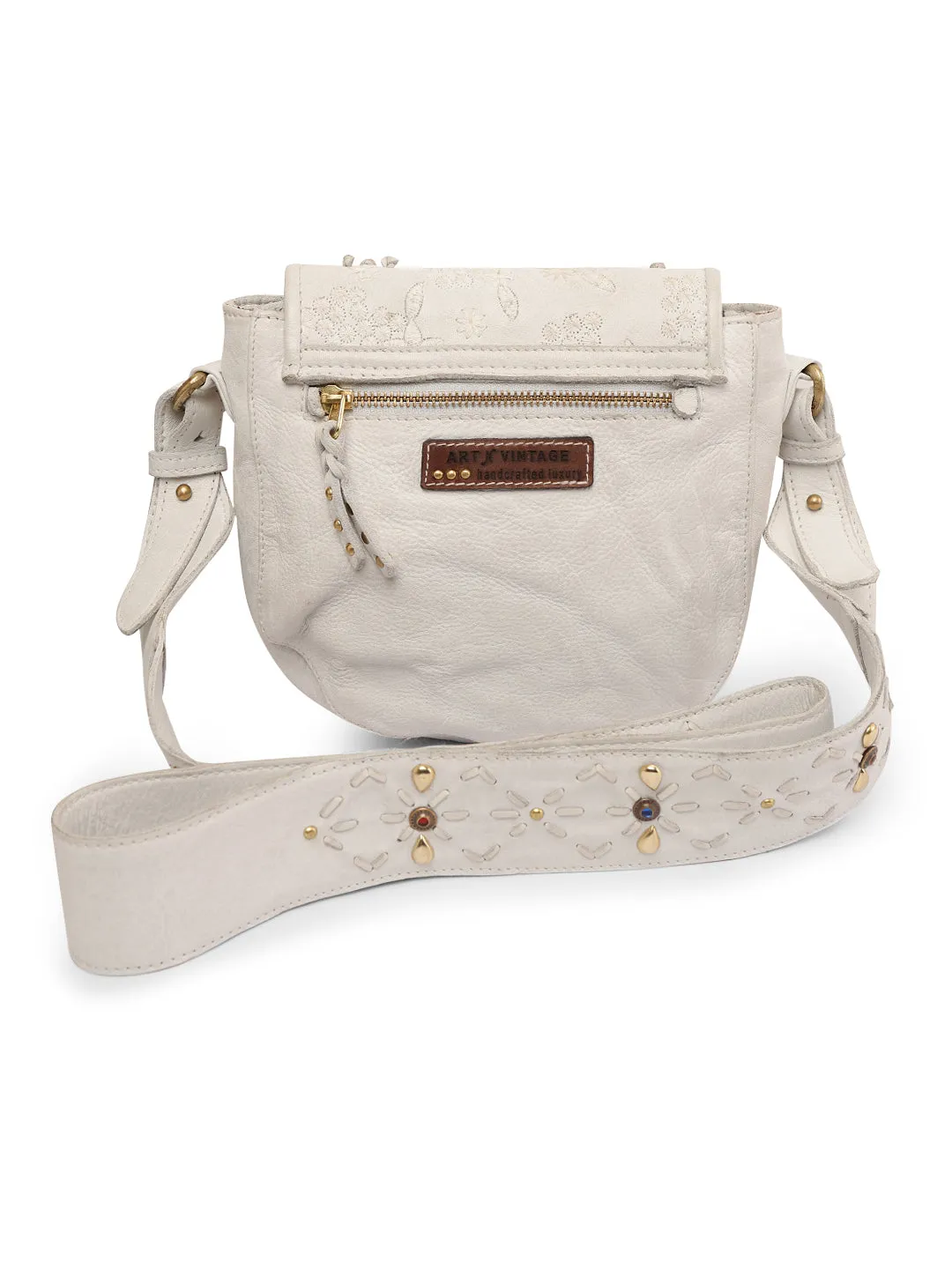 Floral Bliss: White Leather Crossbody bag with Flower Embroidery