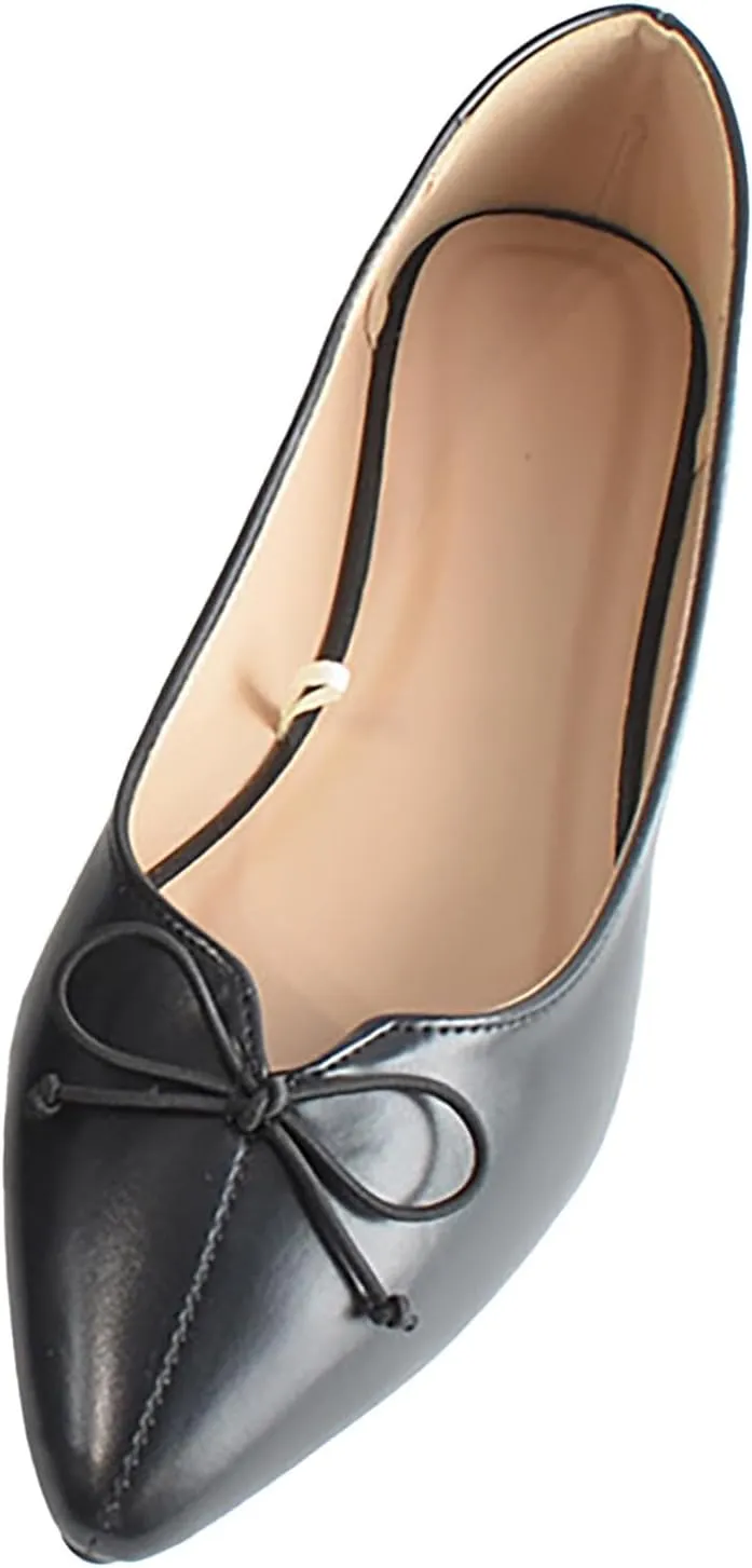 Foreign Trade Spring and Summer Women's Shoes 2023 New Pointed Single Shoes Bow Black Shallow Mouth Wide Slip on Loafer (Black, 6.5)