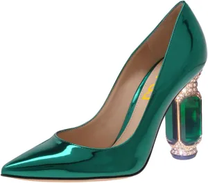 FSJ Women Gorgeous Pointed Toe Crystal Block Chunky High Heel Pumps Slip On Ladies Wedding Evening Shoes Size 4-16 US