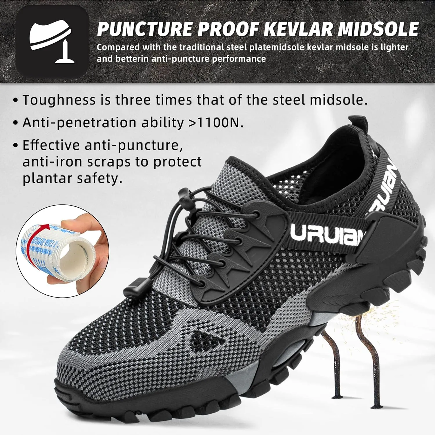 Furuian Steel Toe Shoes for Women Lightweight Breathable Comfortable Working Shoes Industrial Construction Shoes Slip Resistant Puncture Proof Black