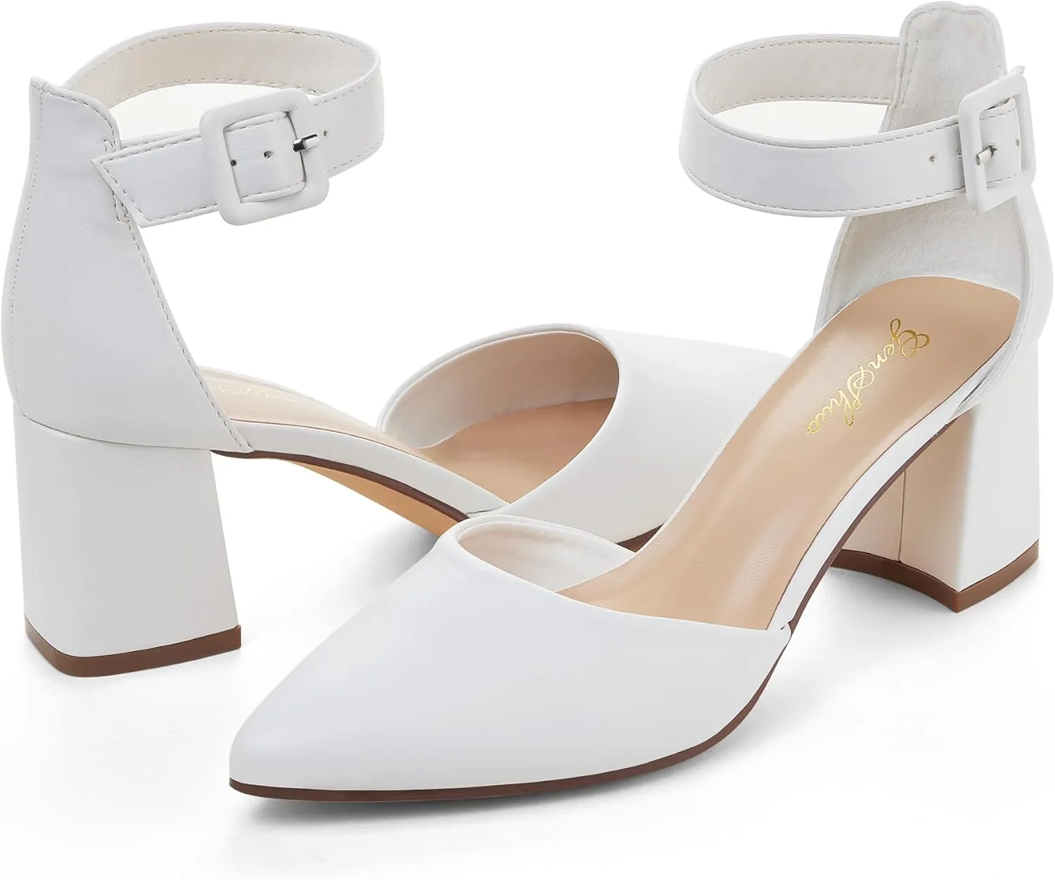GENSHUO Women's Closed Toe Low Block Chunky Heels Pointed Toe 2 Inch Pumps with Ankle Strap Comfortable Dress Shoes for Daily Work Wedding Party