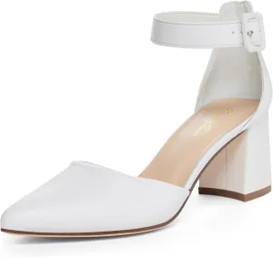 GENSHUO Women's Closed Toe Low Block Chunky Heels Pointed Toe 2 Inch Pumps with Ankle Strap Comfortable Dress Shoes for Daily Work Wedding Party
