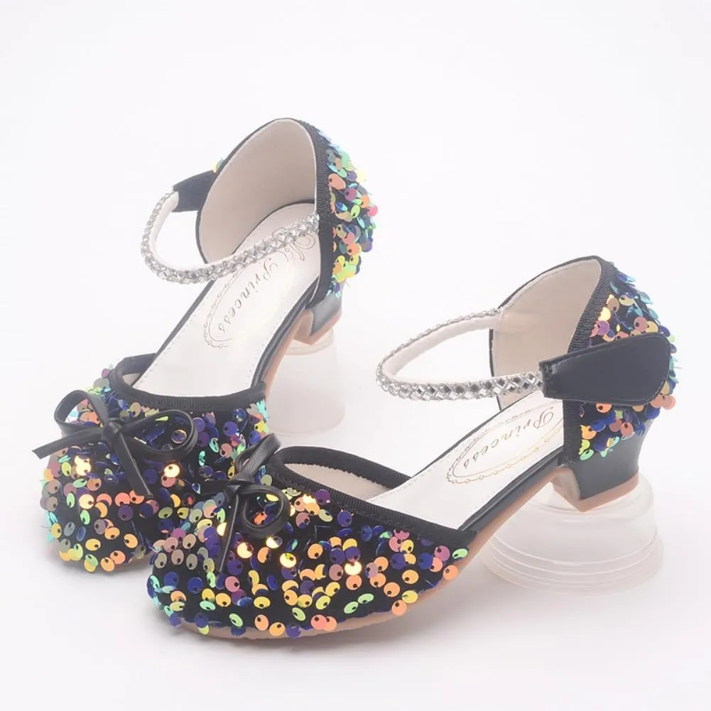 Girls Glitter Low Heels Dress Pump Flower Girl Sequin Mary Jane Wedding Party Princess Bow Dress Shoes for Toddler Little Kid Big Kid