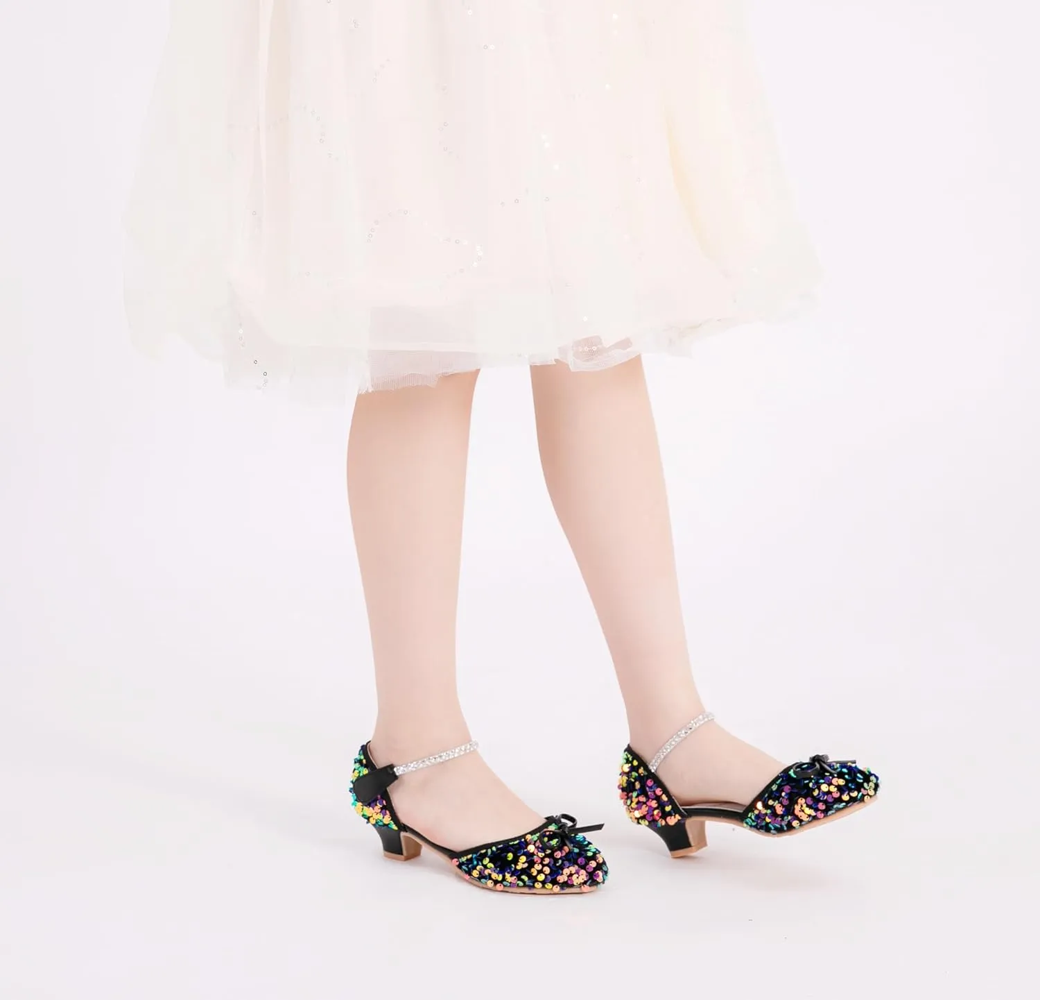 Girls Glitter Low Heels Dress Pump Flower Girl Sequin Mary Jane Wedding Party Princess Bow Dress Shoes for Toddler Little Kid Big Kid