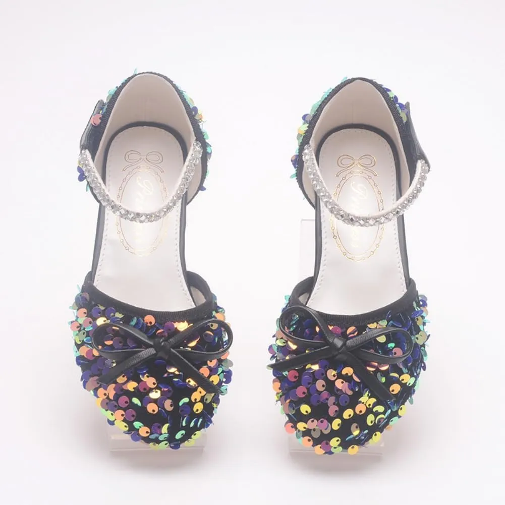 Girls Glitter Low Heels Dress Pump Flower Girl Sequin Mary Jane Wedding Party Princess Bow Dress Shoes for Toddler Little Kid Big Kid