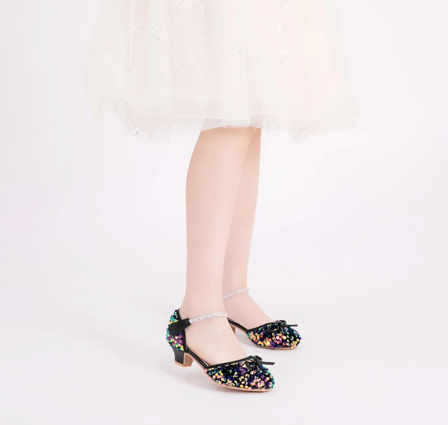 Girls Glitter Low Heels Dress Pump Flower Girl Sequin Mary Jane Wedding Party Princess Bow Dress Shoes for Toddler Little Kid Big Kid