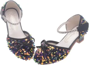 Girls Glitter Low Heels Dress Pump Flower Girl Sequin Mary Jane Wedding Party Princess Bow Dress Shoes for Toddler Little Kid Big Kid