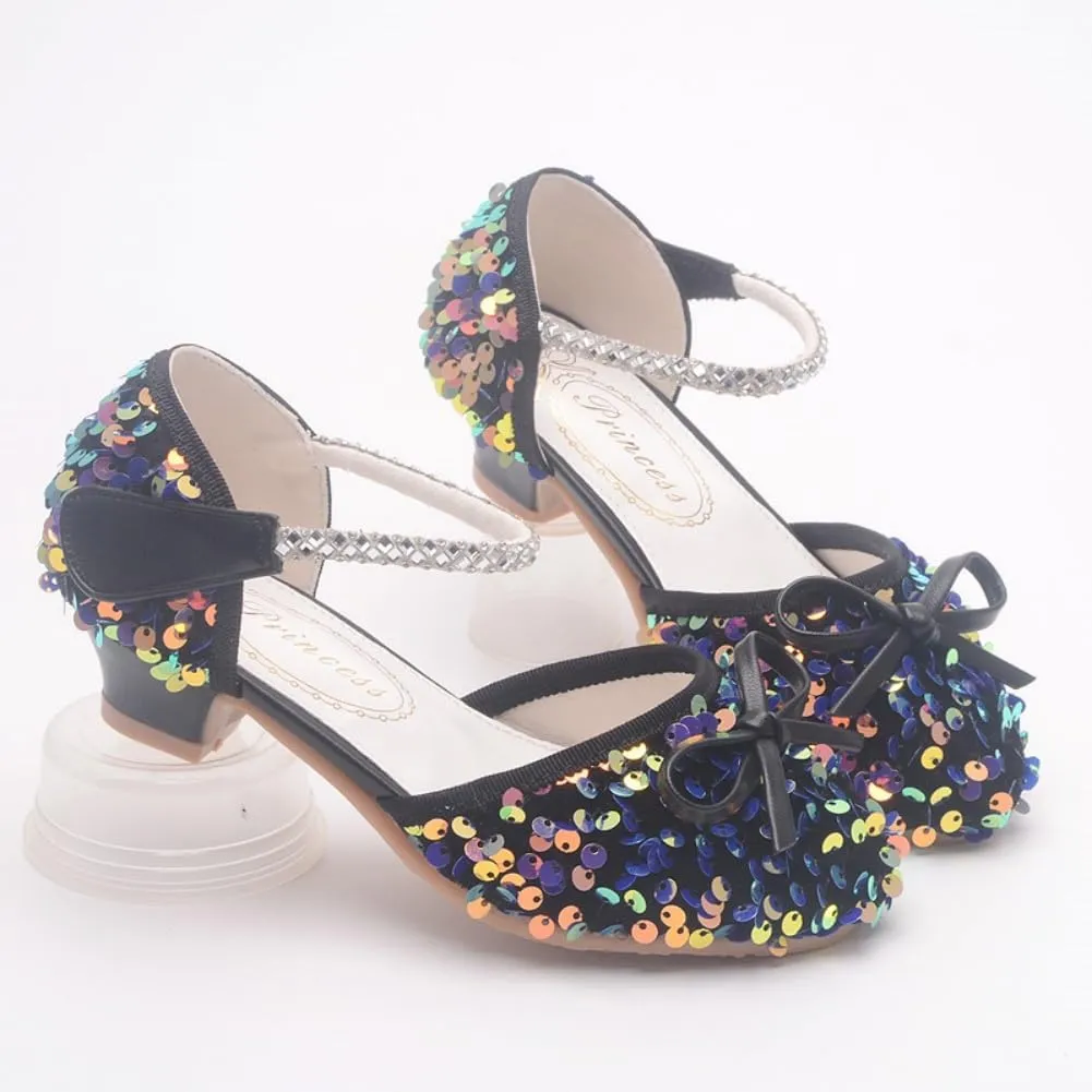 Girls Glitter Low Heels Dress Pump Flower Girl Sequin Mary Jane Wedding Party Princess Bow Dress Shoes for Toddler Little Kid Big Kid