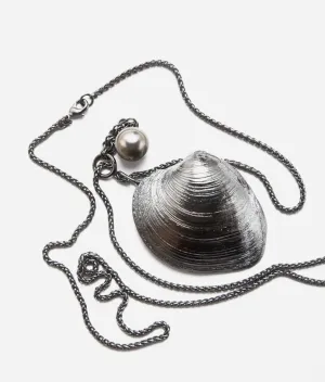 Gunmetal Clam Necklace with Pearl