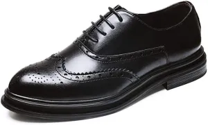 HOOENG Oxford Shoes for Men Lace Up Wing Tip Brogue Burnished Toe Shoes Vegan Leather Slip Resistant Block Heel Rubber Sole Low Top Wedding (Color : Black Fleece Lined, Size : 8)